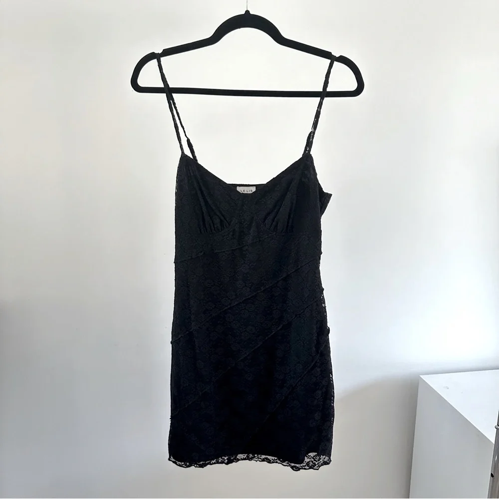 Black Lace Mini Dress Thin Adjustable Straps Form Fitted Size Medium - Picture 6 of 11